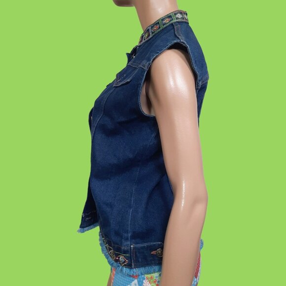 Vintage 90 Denim Jean Vest Oversized Embroidered Fringe Size S Dark Wash - Picture 4 of 10